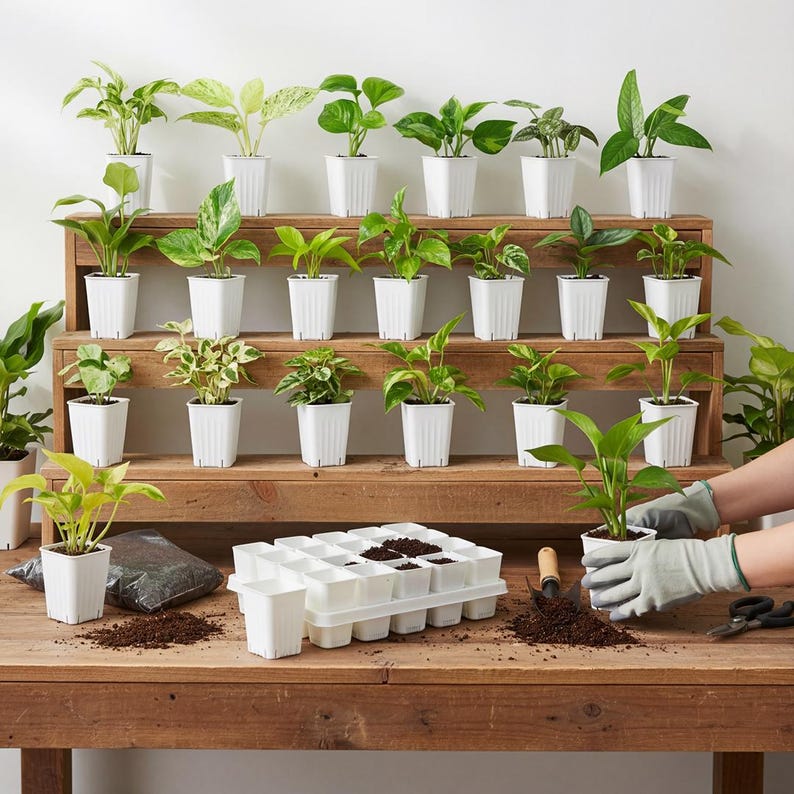 Puede incluir: Un estante de madera exhibe m&uacute;ltiples plantas en macetas con follaje verde. Macetas cuadradas blancas est&aacute;n dispuestas en tres estantes. Una bandeja de macetas vac&iacute;as y herramientas de jardiner&iacute;a se encuentra sobre una mesa de madera, con manos enguantadas plantando una planta.