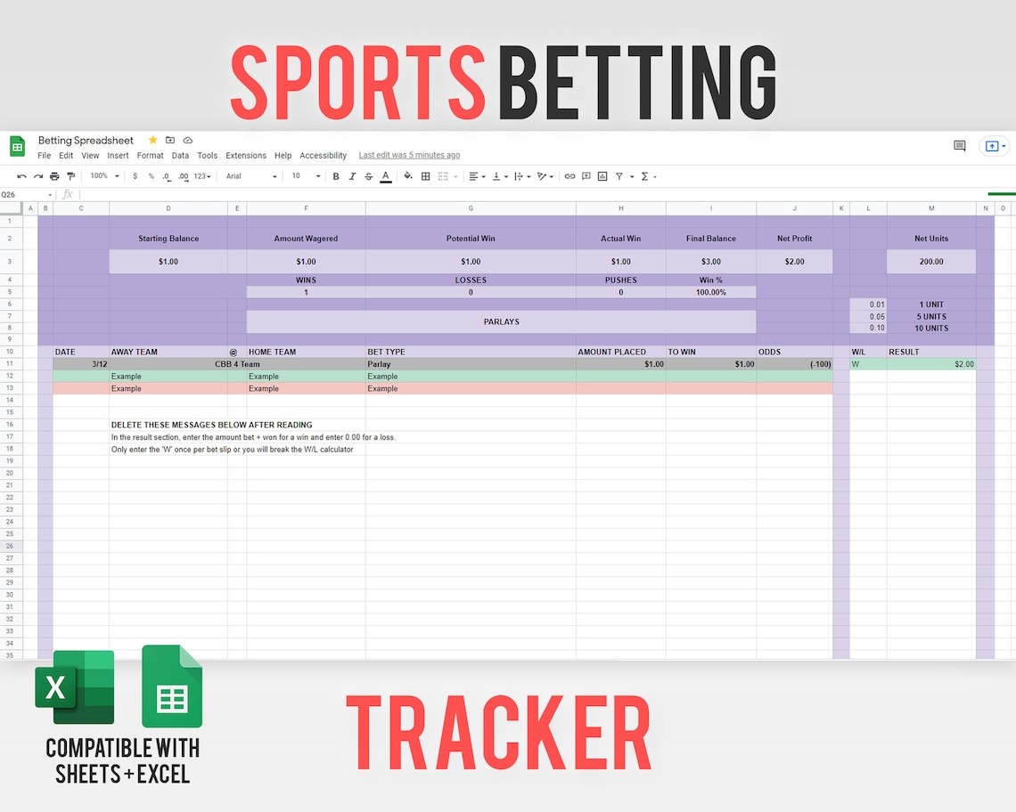 Sports Betting Tracker Spreadsheet for Excel Google Sheets Bets