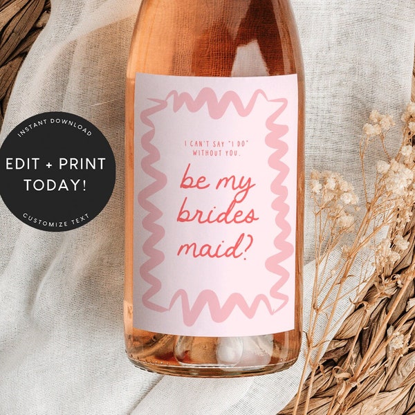 Bridesmaid Proposal Template, Wine Label, Pink Red, Hand Drawn, Bridesmaid Proposal, Maid of Honor, Bridesmaid Gift, Instant Download