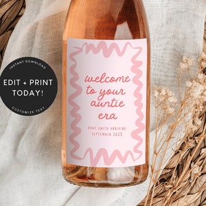 Auntie Era Pregnancy Announcement Wine Label Template, Pink, Red, Auntie Wine Label, Pregnancy Announcement Aunts, Best Friend, Sister