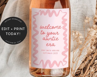 Auntie Era Pregnancy Announcement Wine Label Template, Pink, Red, Auntie Wine Label, Pregnancy Announcement Aunts, Best Friend, Sister