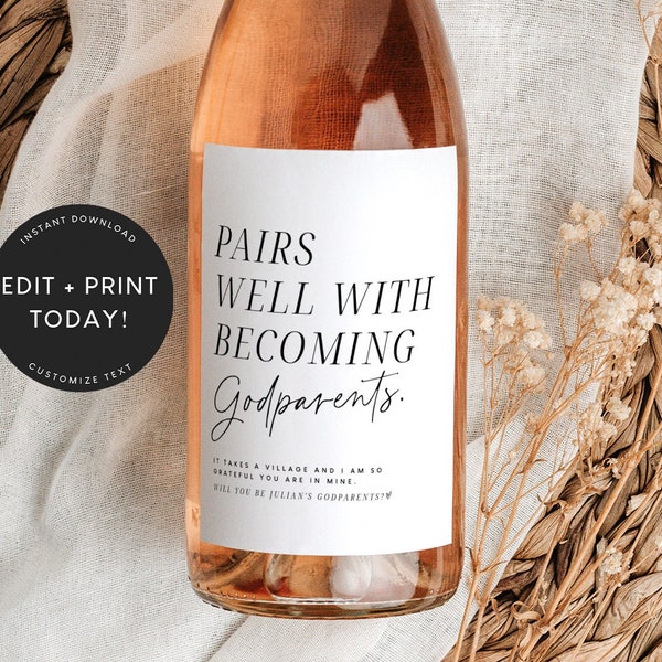 Godparents Gift, Pairs Well With Wine Label Template, Godparents Proposal, Godmother, Godfather, Will you be my Godparent, Instant Download