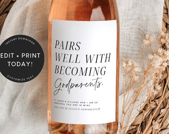 Godparents Gift, Pairs Well With Wine Label Template, Godparents Proposal, Godmother, Godfather, Will you be my Godparent, Instant Download