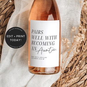 Pregnancy Announcement Wine Label Template, Pairs Well With, Auntie Wine Label, Pregnancy Announcement Aunts, Friends, Sister