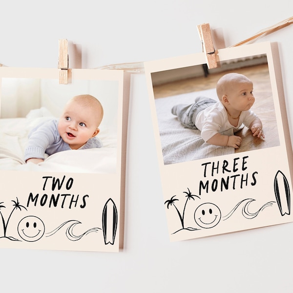 First Birthday Photo Banner Template, The Big One, Surf, Beach, 12 Month Cards, Photo Banner, First Birthday Decorations Instant (5527)