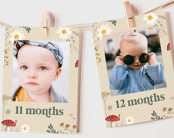 First Birthday Photo Banner Template, Mushroom Party, Wildflower, 12 Month, Photo Banner,  First Birthday Decorations, Month Cards, Instant