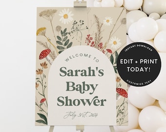 Baby Shower Welcome Sign, Birthday Welcome Sign Template, Mushroom Party, Wildflower, Instant Download, Decorations, Instant Download
