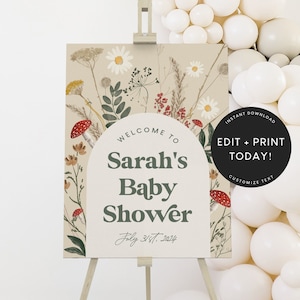 Baby Shower Welcome Sign, Birthday Welcome Sign Template, Mushroom Party, Wildflower, Instant Download, Decorations, Instant Download