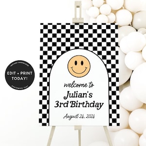 Smiley Face Birthday Welcome Sign, Front Door Welcome Sign Template, Checker, One Cool Dude, Instant Download, Boy Birthday Party 5592