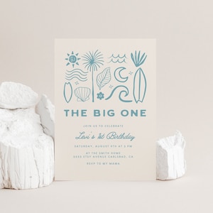 The Big One Birthday Invitation Template, Surf, Wave, Beach Birthday Invite, Summer, Surfboard Birthday Invite, 1st Birthday, First (5809)