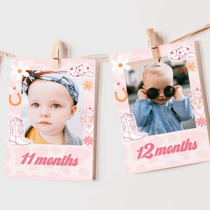 Modello di banner fotografico per il primo compleanno di Rodeo, festa di compleanno di cowgirl, biglietti da 12 mesi, banner fotografico, decorazioni istantanee per il primo compleanno (5578)