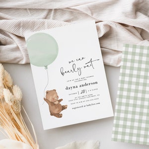 Modello di invito per baby shower con orso, verde salvia, tema orso, orsetto, percalle, digitale, inviti per baby shower, download istantaneo (5794)
