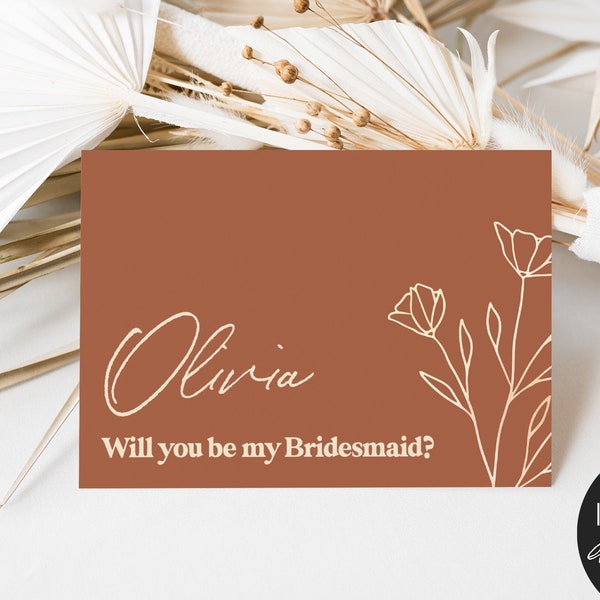 Bridesmaid Proposal Card, Template, Boho, Retro Bridesmaid Proposal Gift, 70's, Will You Be My Bridesmaid Card, Printable, Rust OLIVIA