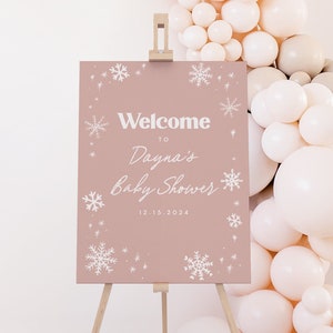 Snowflake Baby Shower Welcome Sign Template in Pink, Baby Its Cold Outside, Winter Baby Shower, Instant Download, Decorations 5707