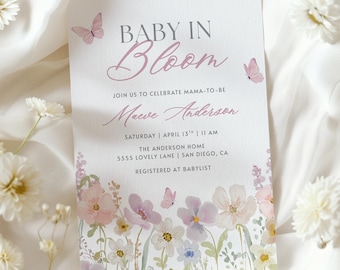 Butterfly Baby Shower Invitation Girl | Wildflower, Baby in Bloom Invite | Canva Template (1031)