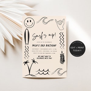 Surf Boy First Birthday Invitation Template, Beach Birthday Invite, Smiley Face, Summer, Surfboard Birthday, 1st Birthday Invite, 2nd (5527)