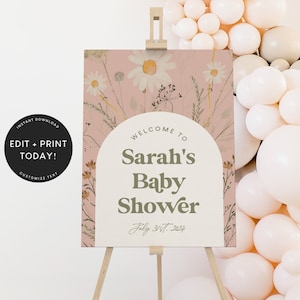 Baby Shower Welcome Sign Girl, Welcome Sign Template, Boho, Daisy, Wildflower, Instant Download, Decorations, Poster, Instant Download 5327