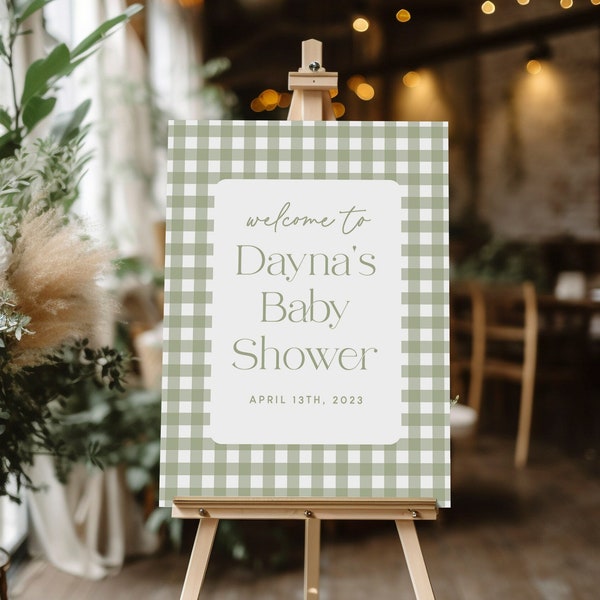 Modern Baby Shower Welcome Sign Template, Baby Shower Boy, Boho, Sage Green, Gingham, Instant Download, Decorations, Instant Download 5622