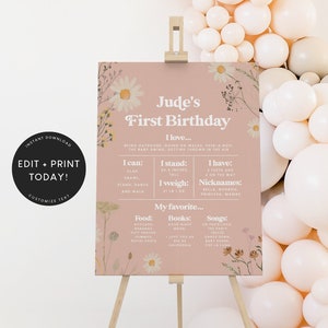 Cartel de hito de primer cumpleaños, mi primer año, plantilla, boho, margarita, flores silvestres, descarga instantánea, decoraciones, descarga instantánea 5327