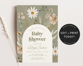 Boho Baby Shower Invitation Template, Sage Green Baby Shower Invites, Digital, Gender Neutral, Baby Shower Invites, Instant Download 5625