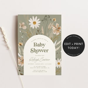 Boho Baby Shower Invitation Template, Sage Green Baby Shower Invites, Digital, Gender Neutral, Baby Shower Invites, Instant Download 5625