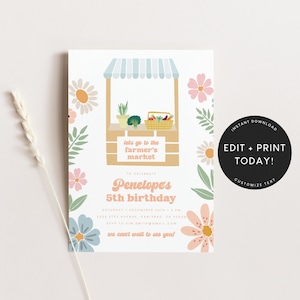 Farmers Market Birthday Party Invitation Template, Birthday Invitation Girls, Daisy Invitation Template, Digital, Instant Download 5619