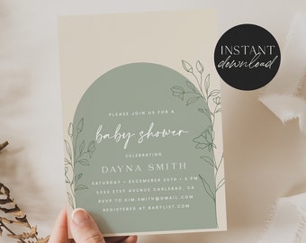 Sage Green Baby Shower Invitation Template, Digital Download, Arch, Boho Baby Shower Invite, Baby Shower Invites, Instant Download