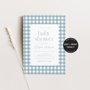 Vichykaro Baby Shower Einladung Junge, blau, Einladungsvorlage, digital, geschlechtsneutral, Baby Shower Einladungen, Instant Download