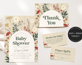 Mushroom Baby Shower Invitation Template, Bundle, Mushroom Party, Forest, Woodland Invites, Invitation Template, Digital Download, Instant