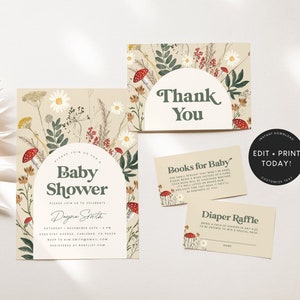 Mushroom Baby Shower Invitation Template, Bundle, Mushroom Party, Forest, Woodland Invites, Invitation Template, Digital Download, Instant