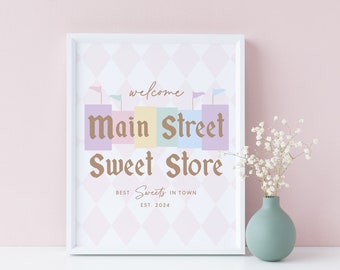 Main Street Dessert Table Sign, Happiest Birthday On Earth, 8x10 inches, Princess, Retro, Pastel, Small World, Instant Download (5832)
