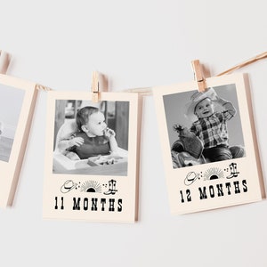 First Birthday Photo Banner Template, First Rodeo, Birthday Boy, 12 Month Cards, Western, Cowboy, First Birthday Decorations Instant (5559)