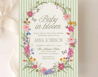 Baby in Bloom Baby Shower Invitation Girl | Wildflower Invite | Canva Template (1043)