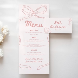 Szablon menu na baby shower z kartą miejsca, ręcznie rysowana kokarda na wesele, brunchowe menu, do wydrukowania, różowe dekoracje na baby shower (5826)