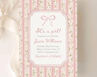 Baby Shower Invitation Girl | Pink Bow | Canva Template (1006)