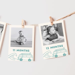 1 歳の誕生日の写真バナー テンプレート、ビッグ ワン、サーフィン、ビーチ、12 か月、写真バナー、1 歳の誕生日のデコレーション、月間カード (5818)
