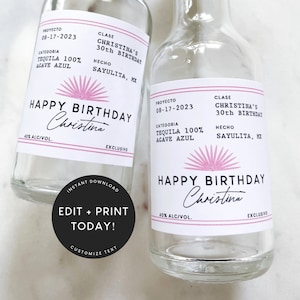 Printable Casamigos Birthday Label Template in Pink, 50 ml, 21st, 30th Birthday Decorations Women, Favors, Tequila Label, Instant Download