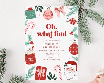 Oh What Fun Birthday Invitation Template, Christmas Birthday, Winter Birthday Girl, Santa, Pink, Editable Template, Instant Download 5578