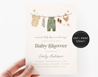 Boho Baby Shower Invitation Boy, Sage Green, Invitation Template, Digital, Gender Neutral, Baby Shower Invites, Instant Download (5529)