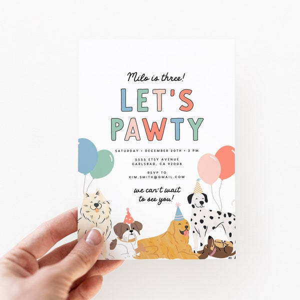 Dog Birthday Invitation Template, Puppy Invitation, Let's Pawty, Pet Party, Instant Download, Editable Invitation, Dog Theme