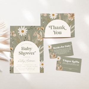 Sage Green Baby Shower Invitation Template, Suite, Gender Neutral Baby Shower Invite, Editable Template, Books, Diaper, Instant Download