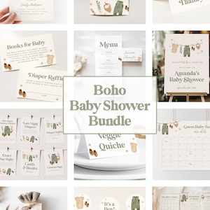 Boho baby shower uitnodiging sjabloonbundel, bewerkbaar menu, douchespellen, welkomstbord, baby shower decor, bedankkaart, instant (5529)
