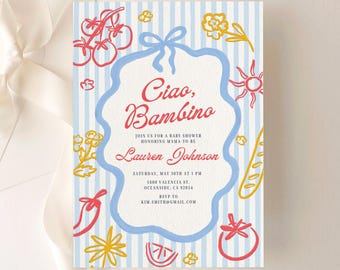 Invitación para baby shower Ciao Bambino / Italiano, Verano, Niño / Plantilla editable de Canva para imprimir