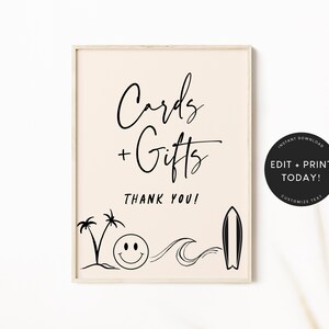 Cards and Gifts Sign, Baby Shower, Birthday Sign Template, Instant Download, Decorations, Custom Text, The Big One, Surf, Wave, Sun (5527)