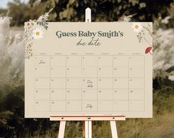 Baby Due Date Calendar Template, Guess Due Date Sign, Mushroom, Boho Baby Shower Decorations, Baby Shower Activity, Shower Games (5451)