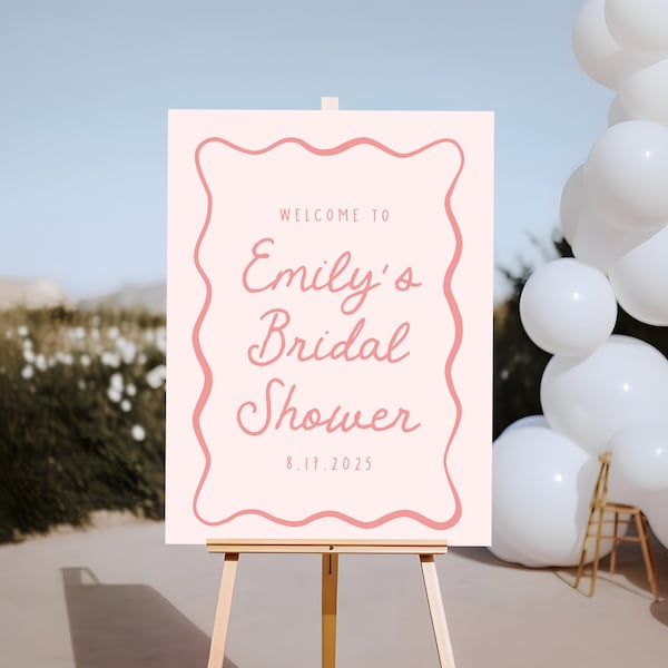 Bridal Shower Welcome Sign Template, Bridal Shower Decorations, Pink Wavy, Hand Drawn Instant Download, Decorations, Instant Download 5727