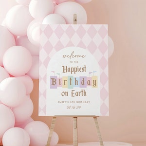 Happierst Birthday On Earth Willkommensschild, Prinzessin, Pastell, Retro, kleine Welt, Willkommensschild Vorlage, Sofort Download, Dekoration (5832)