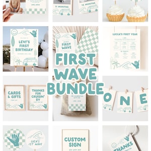 First Wave Geburtstagsparty Bundle Vorlage, Erster Geburtstag, Surf 1.Geburtstag, Welle, Strand Geburtstag, Sommer Geburtstag (5818)