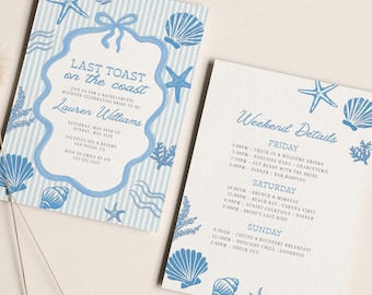Bachelorette Party Invitation Template | Last Toast on the Coast, Beach, Coastal | Canva Template | Weekend Itinerary