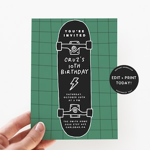 Skateboard Geburtstag Einladung Vorlage, Sofort Download, Grün Schwarz Weiß, Surf, Skate, Junge Geburtstag einladen, Teen Geburtstag, Bro, Bruh